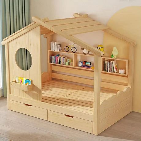 Dollhouse Pine Wood Kids Bed with Pull-Out Storage Image - 1