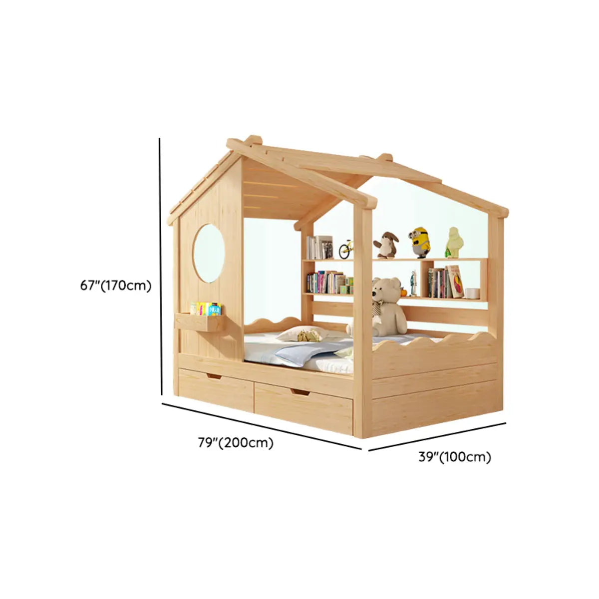 Dollhouse Pine Wood Kids Bed with Pull-Out Storage 