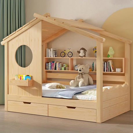 Dollhouse Pine Wood Kids Bed with Pull-Out Storage Image - 2