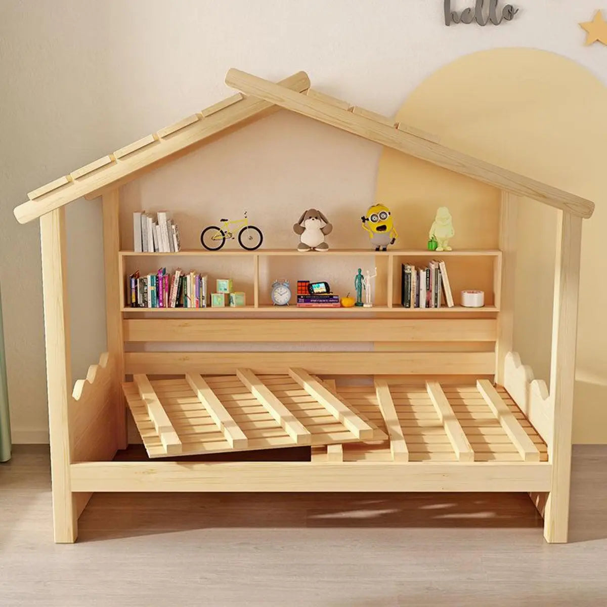 Dollhouse Pine Wood Kids Bed with Pull-Out Storage Image - 3