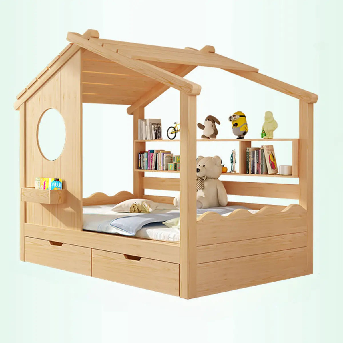 Dollhouse Pine Wood Kids Bed with Pull-Out Storage Image - 5