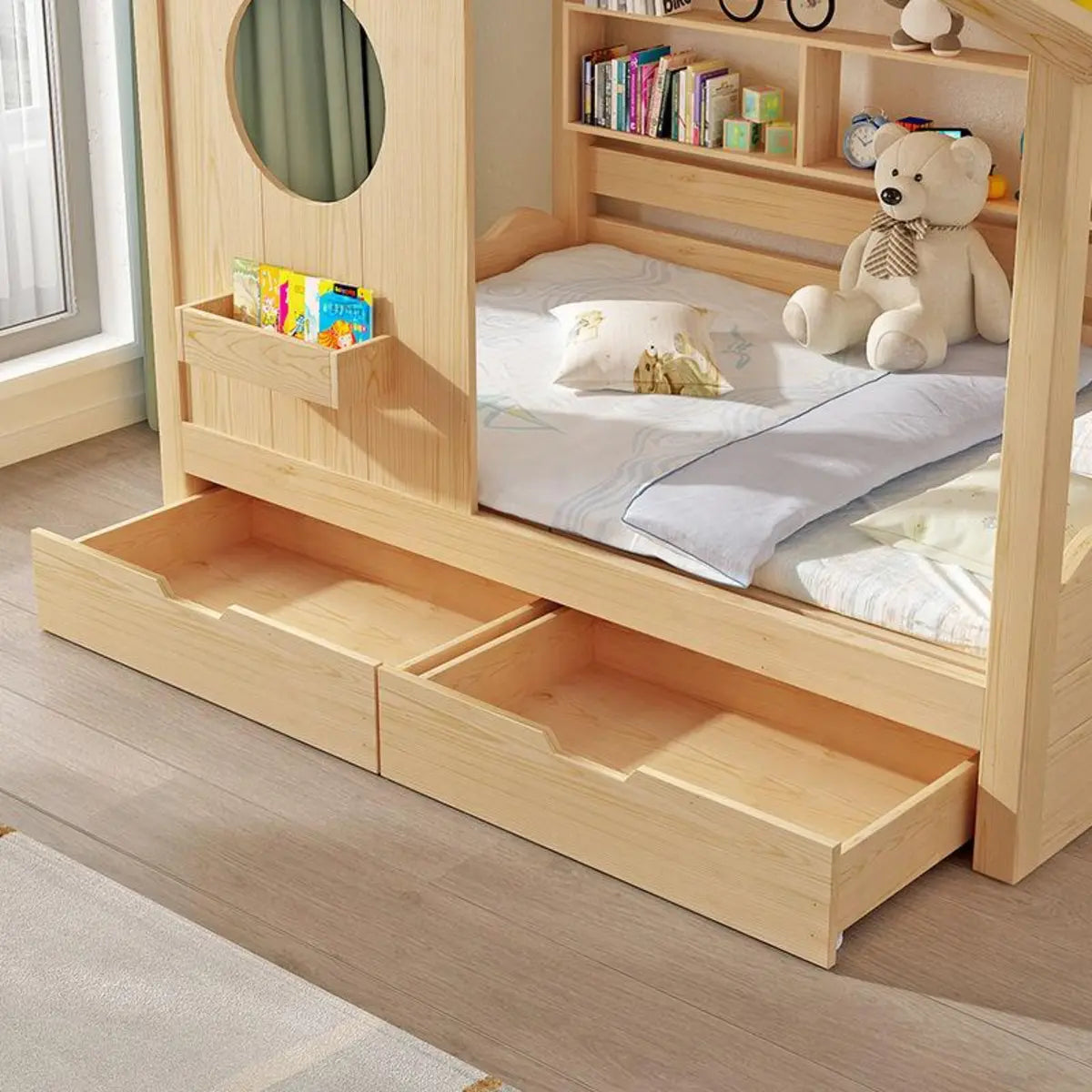 Dollhouse Pine Wood Kids Bed with Pull-Out Storage Image - 6