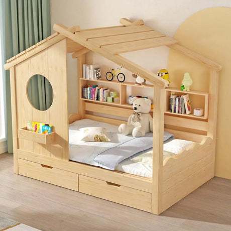 Dollhouse Wood Platform Storage Kids Bed with Bookcase Image - 2