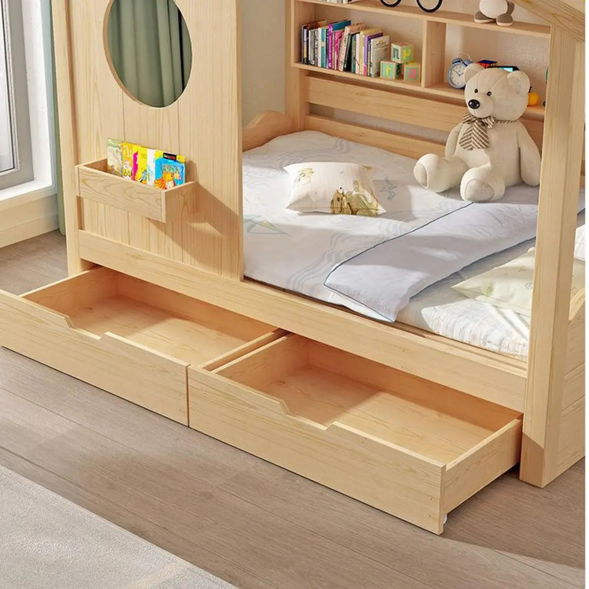 Dollhouse Wood Platform Storage Kids Bed with Bookcase Image - 3