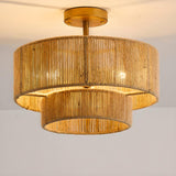 Double Layer Gold Cylinder Rope Semi-Flush Mount Light Image - 2