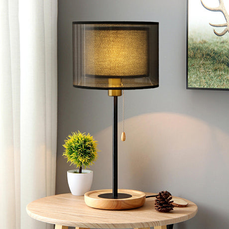 Double Layer Lampshade Wooden Base Bedside Table Lamp Image - 1