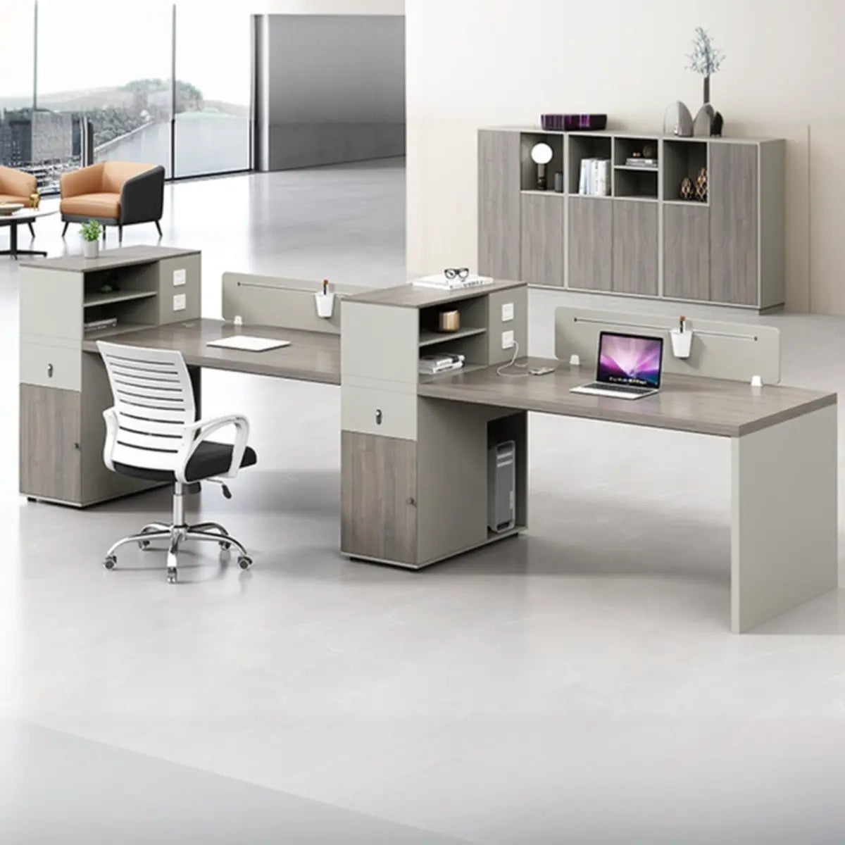 Double Pedestal Gray Wood Office Furniture Set with Storage Image - 1