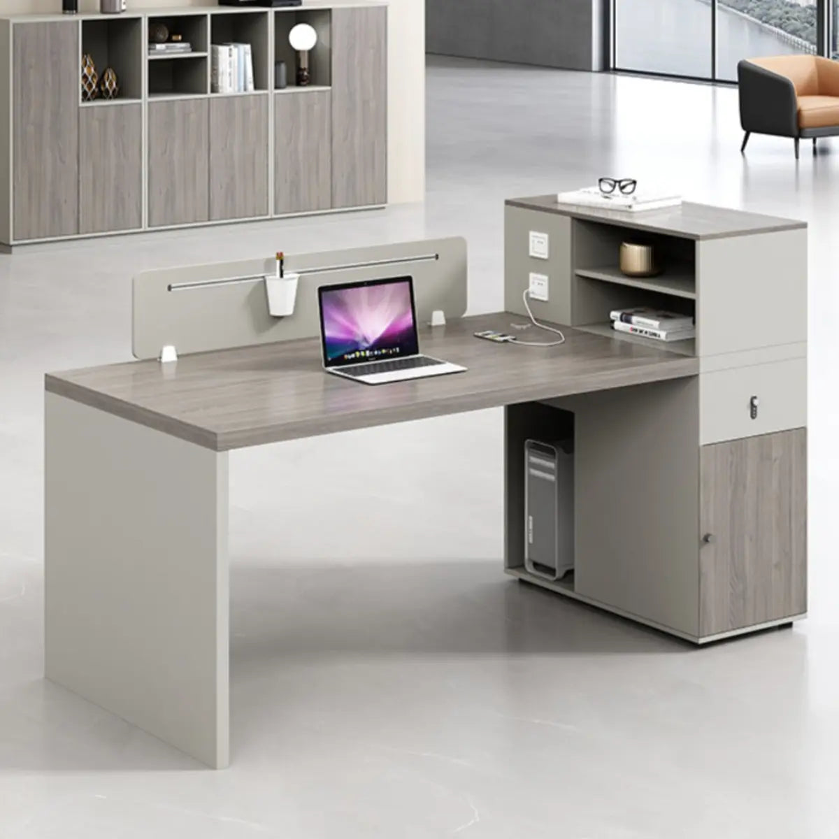 Double Pedestal Gray Wood Office Furniture Set with Storage Image - 3