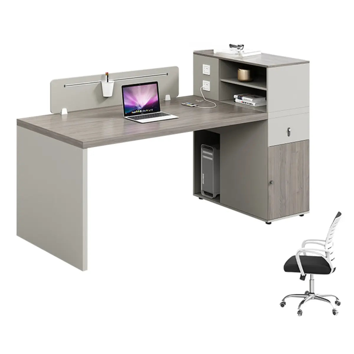 Double Pedestal Gray Wood Office Furniture Set with Storage Image - 4