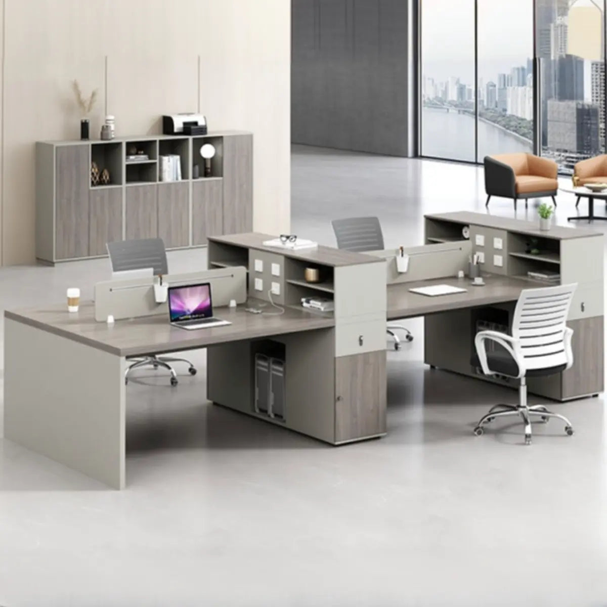 Double Pedestal Gray Wood Office Furniture Set with Storage Image - 6