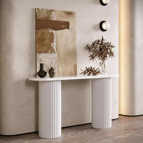 Double Pedestal Oval White Sintered Stone Console Table Image - 1