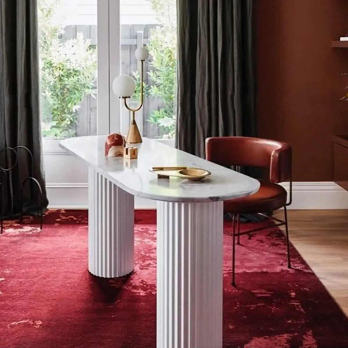 Double Pedestal Oval White Sintered Stone Console Table Image - 4