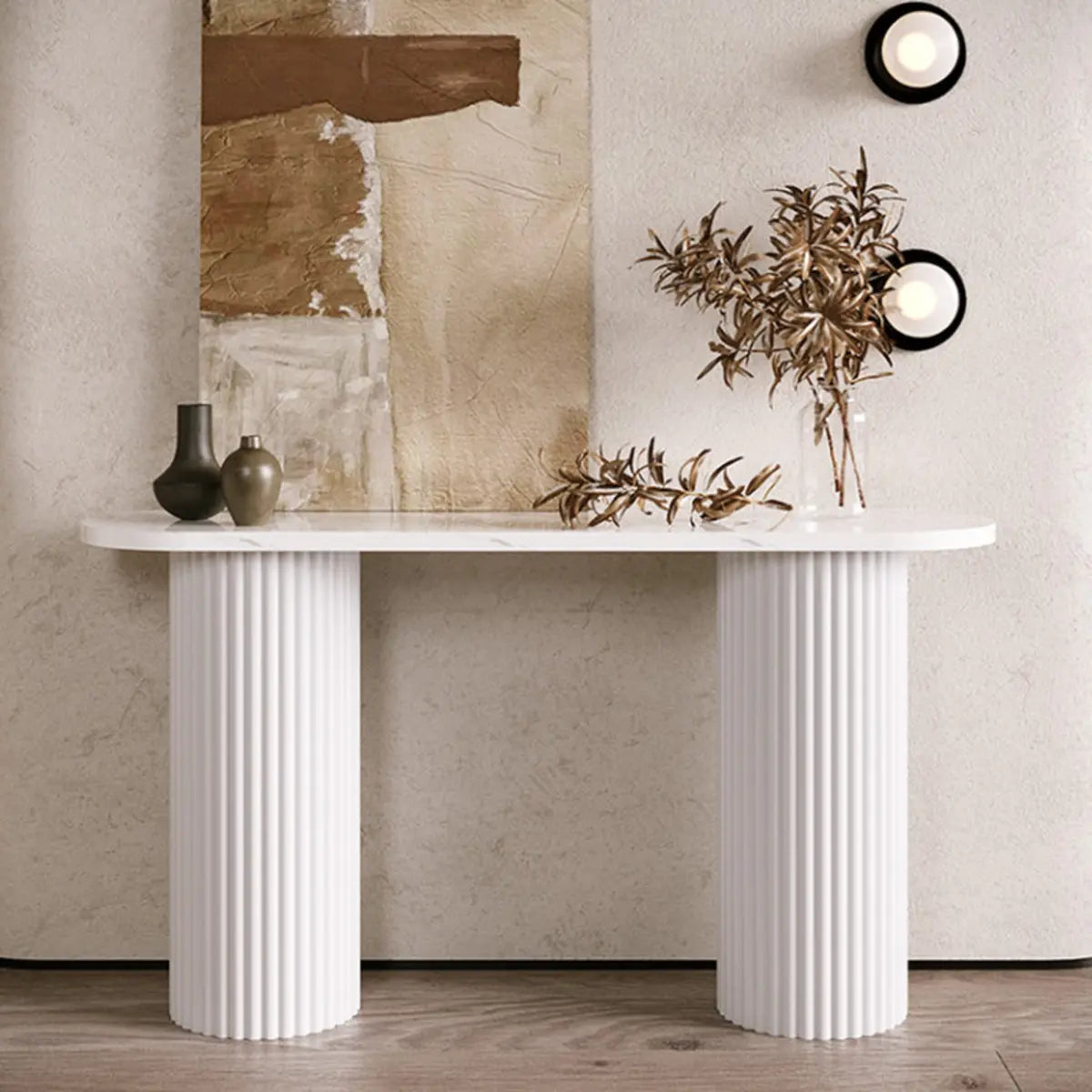 Double Pedestal Oval White Sintered Stone Console Table Image - 5