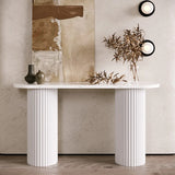 Double Pedestal Oval White Sintered Stone Console Table Image - 5