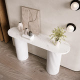 Double Pedestal Oval White Sintered Stone Console Table Image - 6