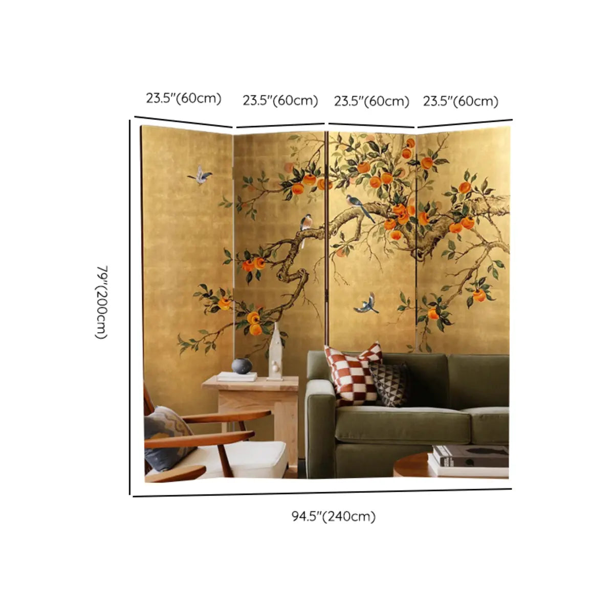 Double Sided Print Folding Persimmon Room Divider Screen Image - 13