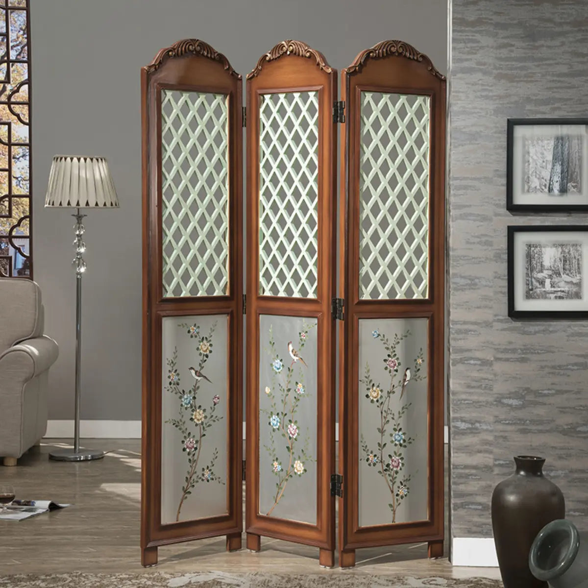 Double Sided Print Lattice Floral Folding Room Divider Image - 1