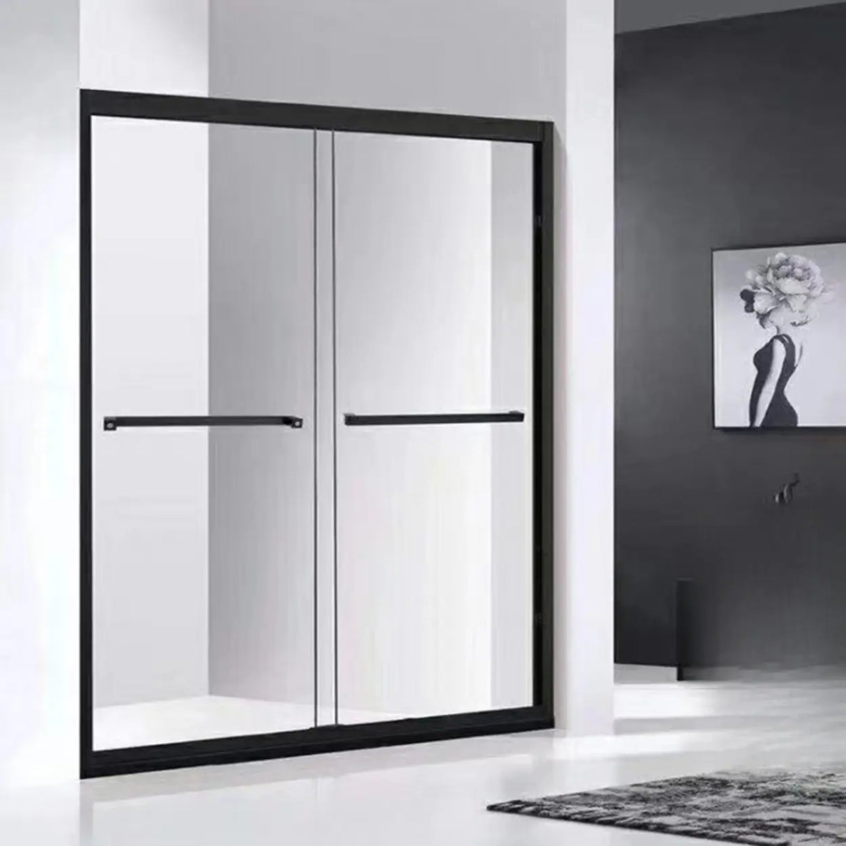 Double Sliding Clear Glass Black Framed Shower Door Image - 1