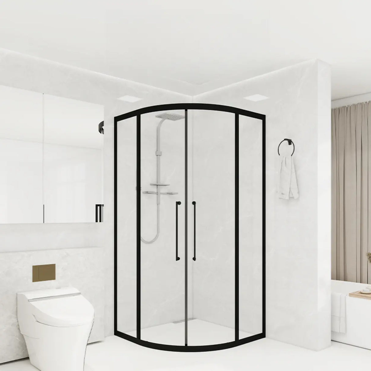 Double Sliding Curved Glass Black Frame Shower Door Image - 2