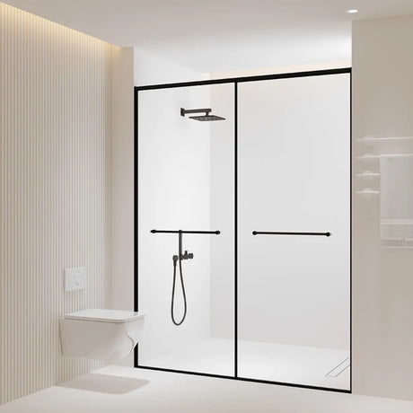 Double Sliding Glass Black Frame Shower Door with Handle Image - 2