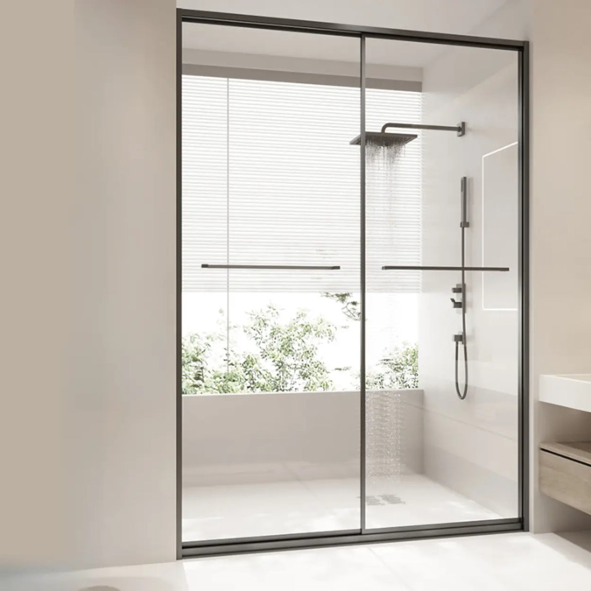 Double Sliding Glass Black Frame Towel Bar Shower Door Image - 1