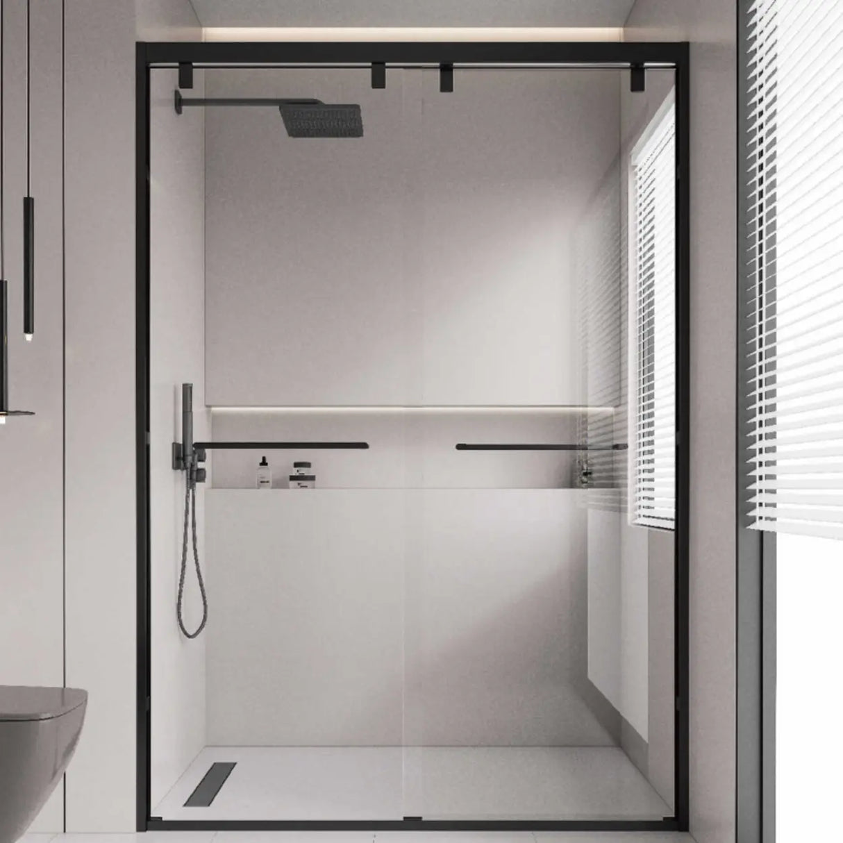 Double Sliding Glass Shower Doors Black Frame with Handle Image - 1