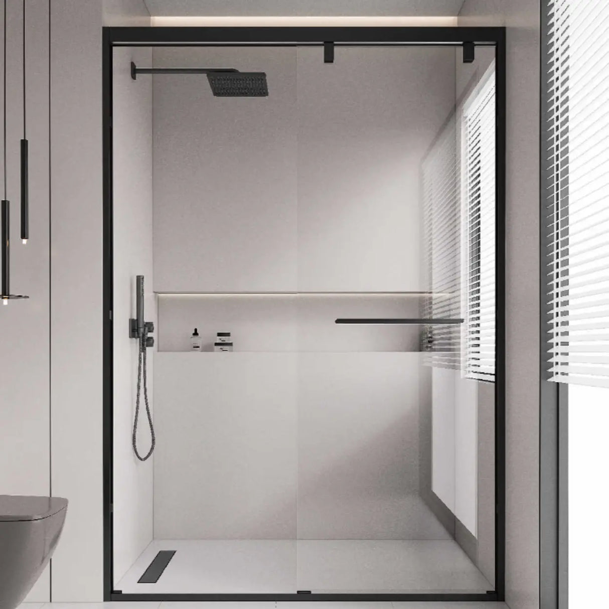 Double Sliding Glass Shower Doors Black Frame with Handle Image - 2