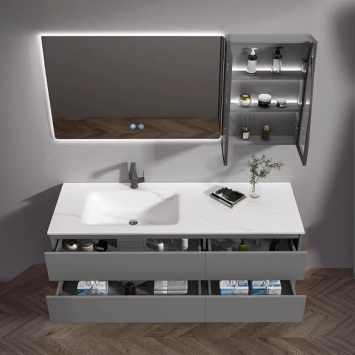 Dove Grey Wall Mounted Bathroom Vanity with Stone Top Image - 6