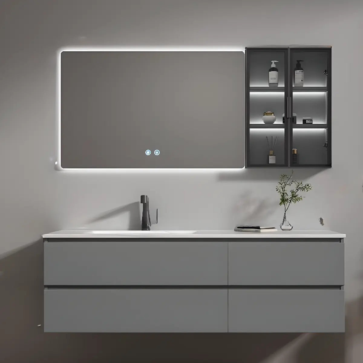 Dove Grey Wall Mounted Bathroom Vanity with Stone Top Image - 7