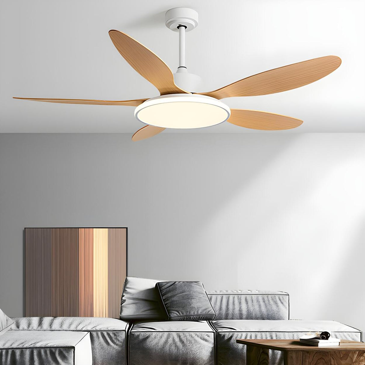 Down Rod 5 Blade Modern Wood Ceiling Fan with LED Light Image - 8