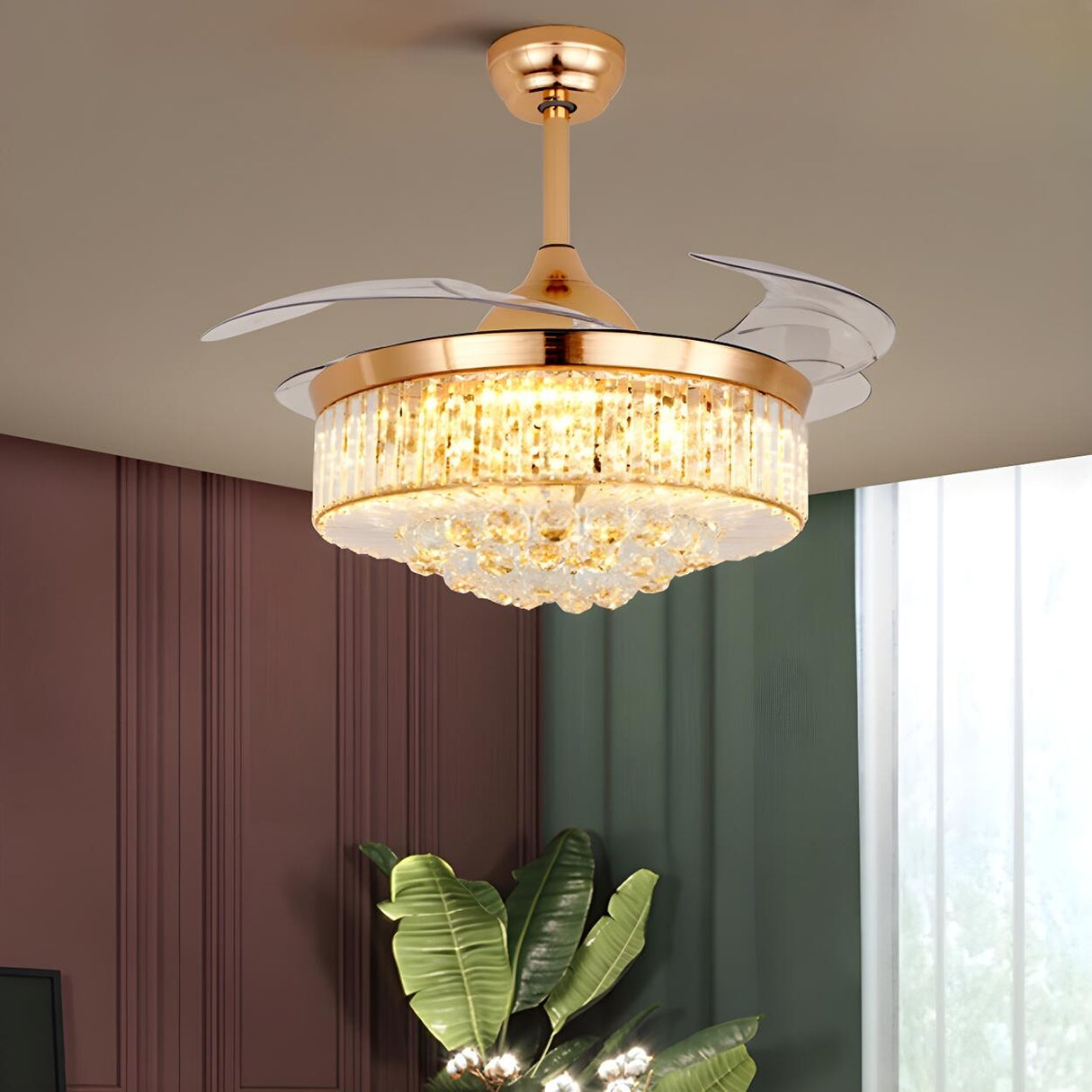 Down Rod Gold Luxury Crystal Ceiling Fan with LED Light Image - 10