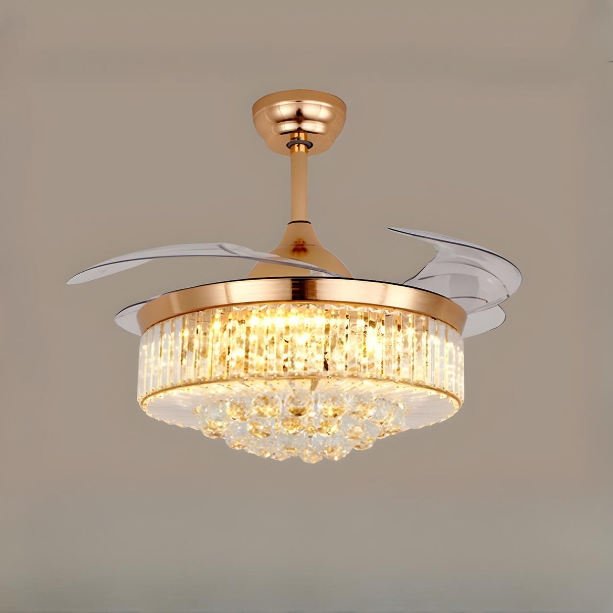 Down Rod Gold Luxury Crystal Ceiling Fan with LED Light Image - 2