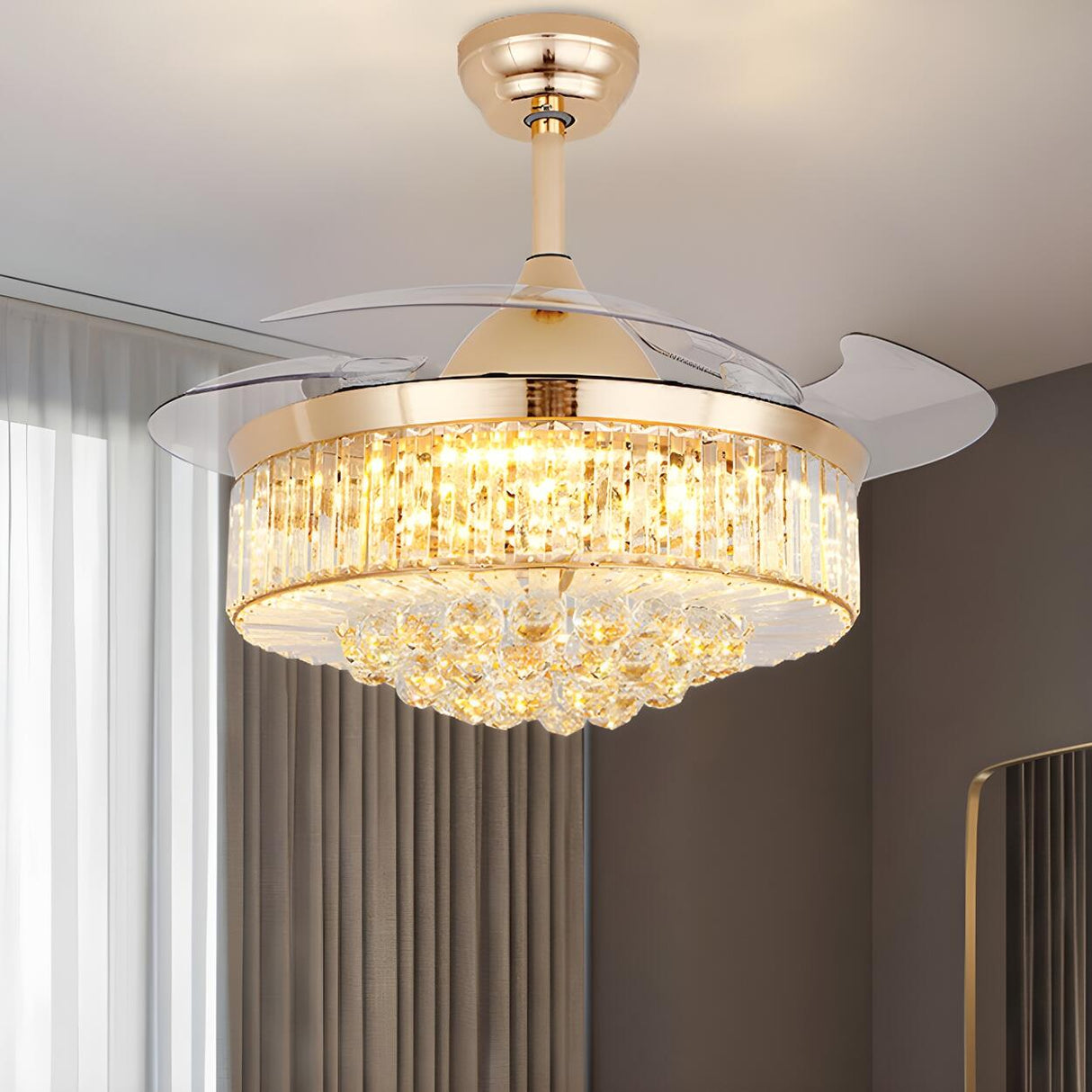 Down Rod Gold Luxury Crystal Ceiling Fan with LED Light Image - 4