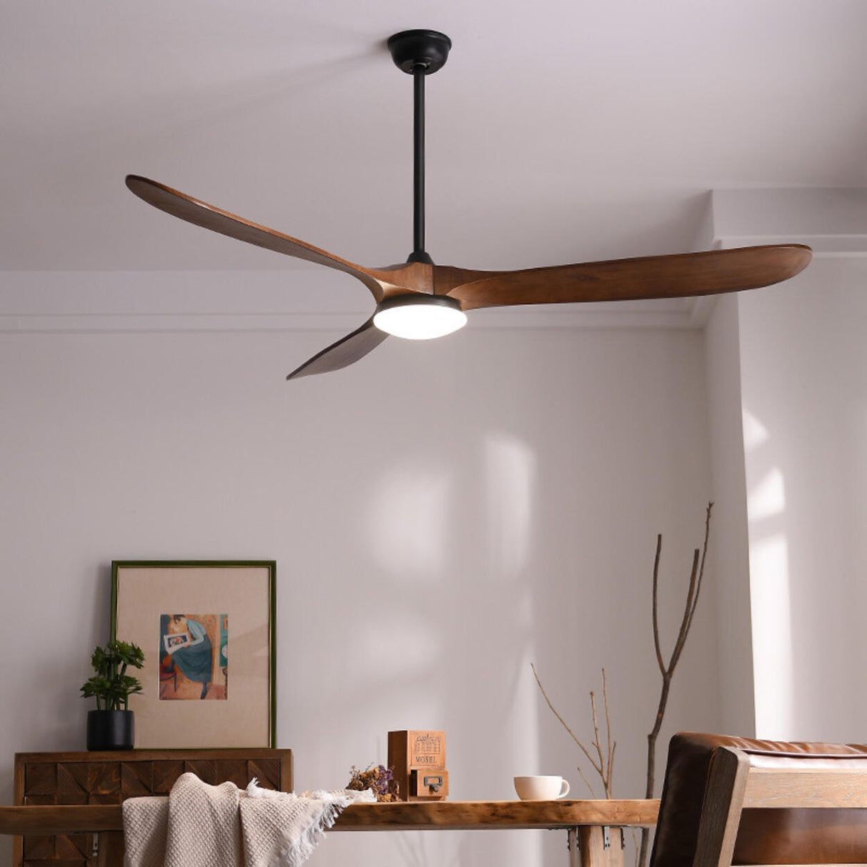 Down Rod Minimalist Solid Wood LED Ceiling Fan Light Image - 1