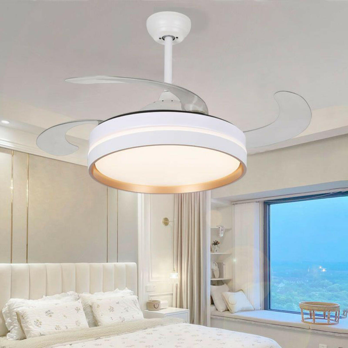 Down Rod White Round Modern Remote Ceiling Fan Light Image - 2