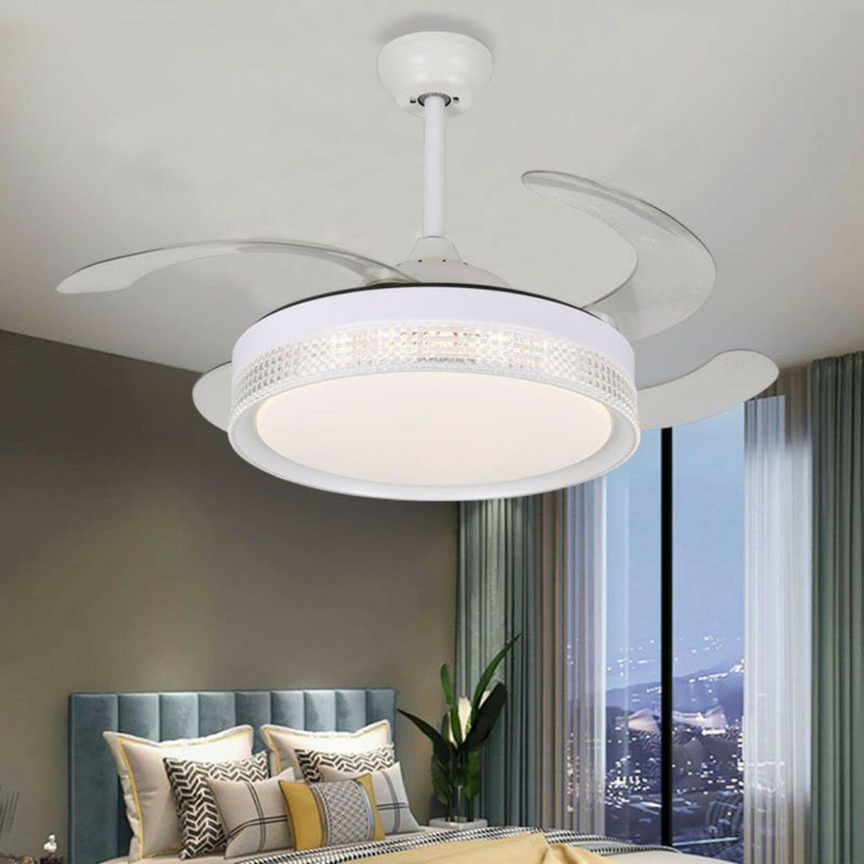 Down Rod White Round Modern Remote Ceiling Fan Light Image - 3