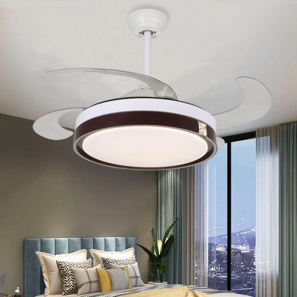 Down Rod White Round Modern Remote Ceiling Fan Light Image - 5