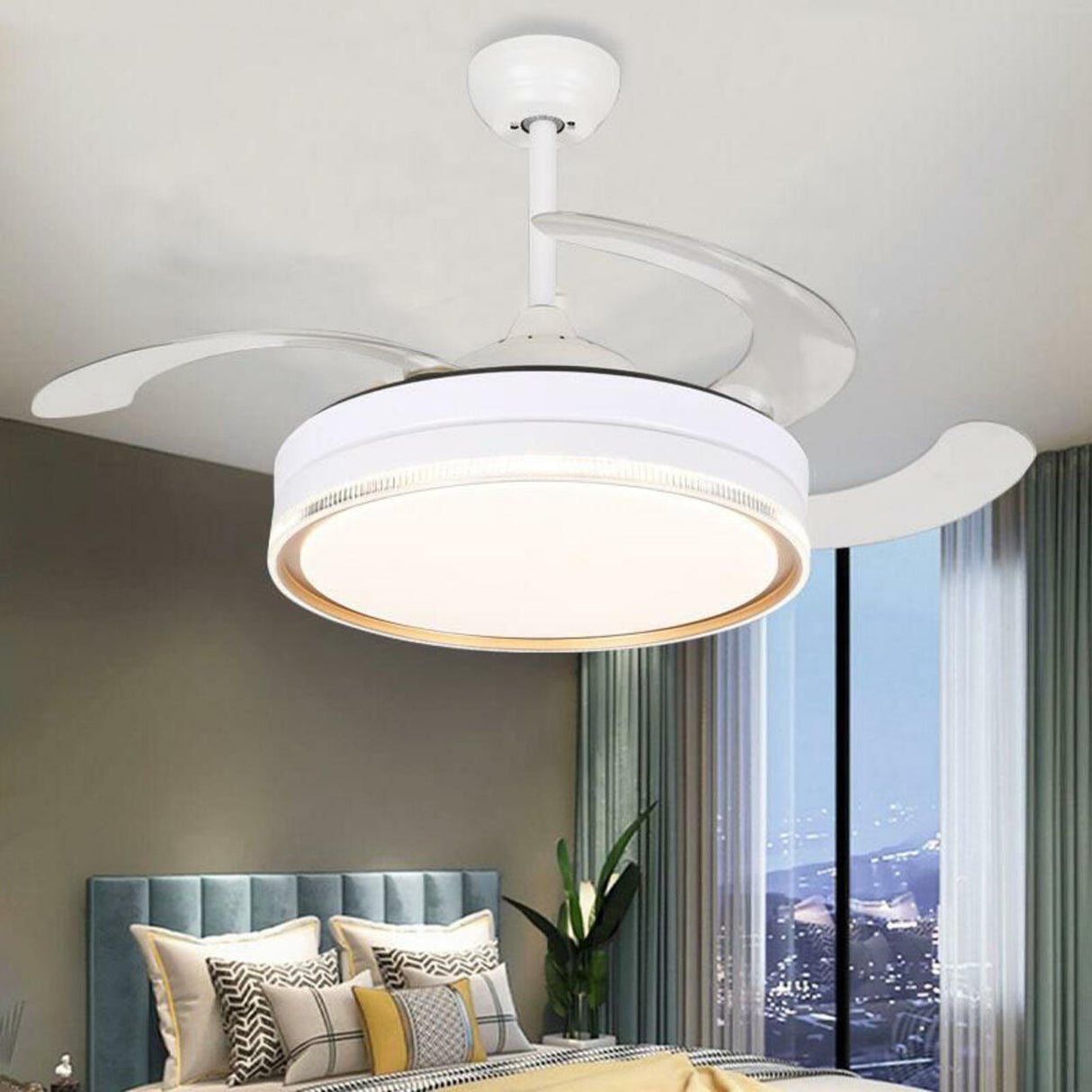 Down Rod White Round Modern Remote Ceiling Fan Light Image - 8