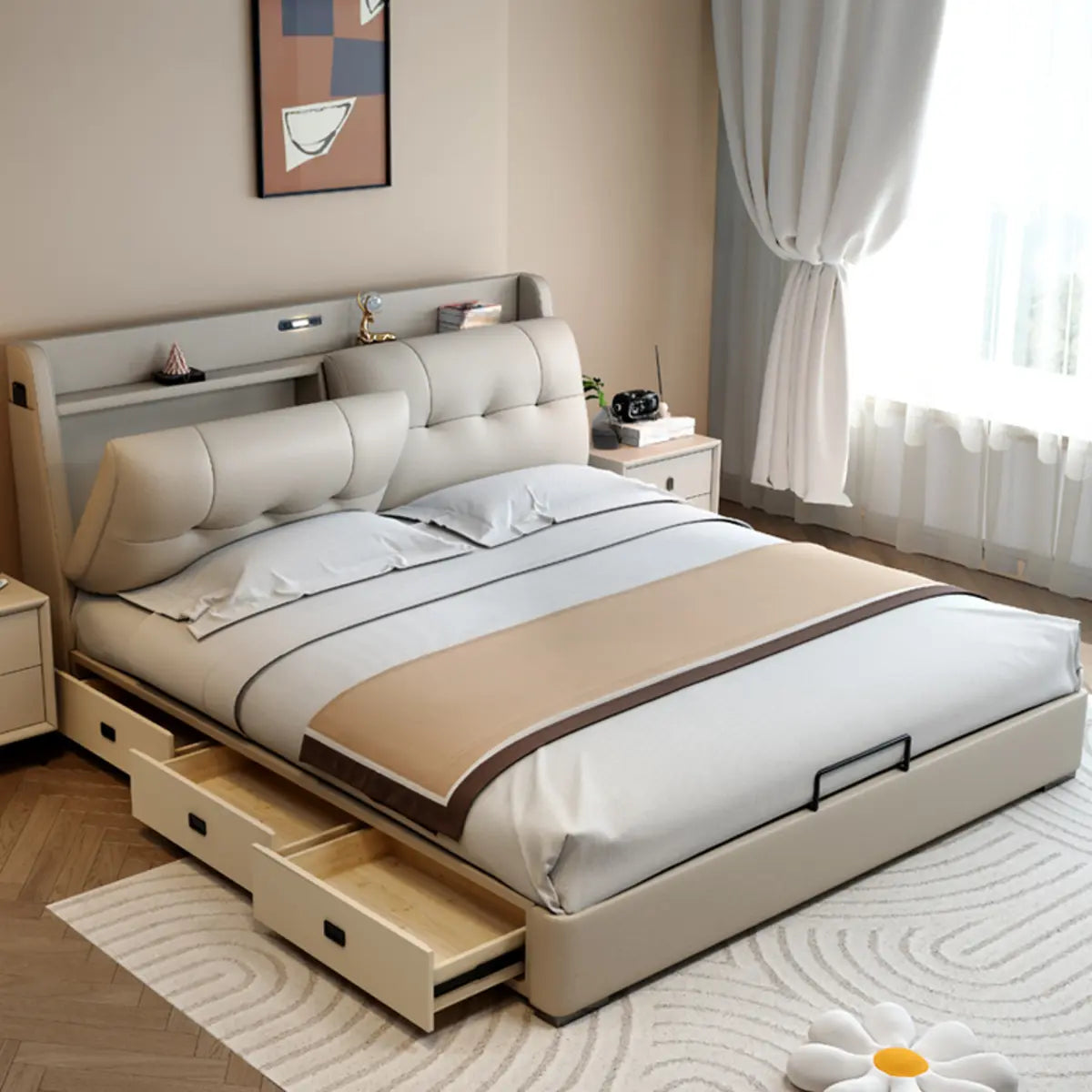 Drawers Beige Fabric Queen Storage Bed with Mattress Image - 1