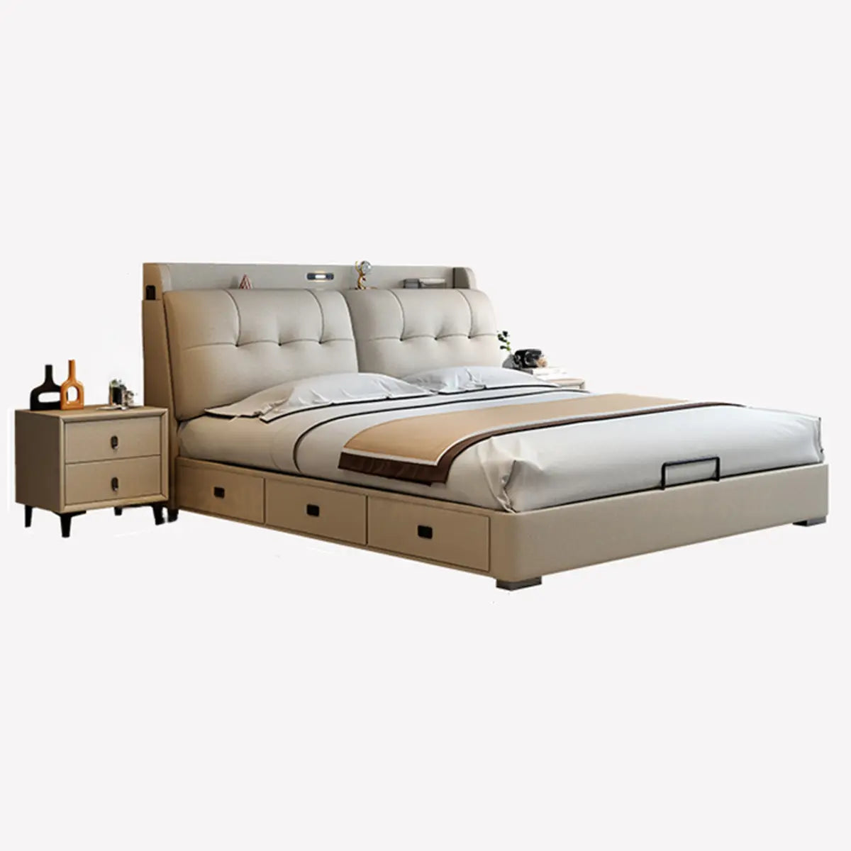 Drawers Beige Fabric Queen Storage Bed with Mattress Image - 10