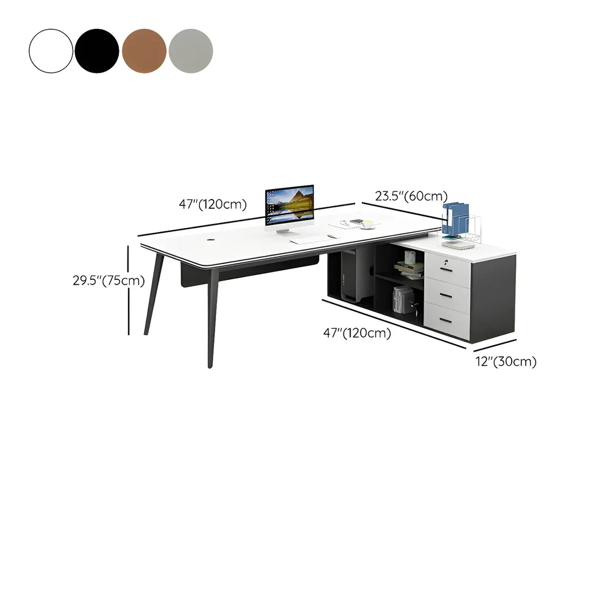 Drawers Storage Shelf Steel Base L-Shape Computer Desk 