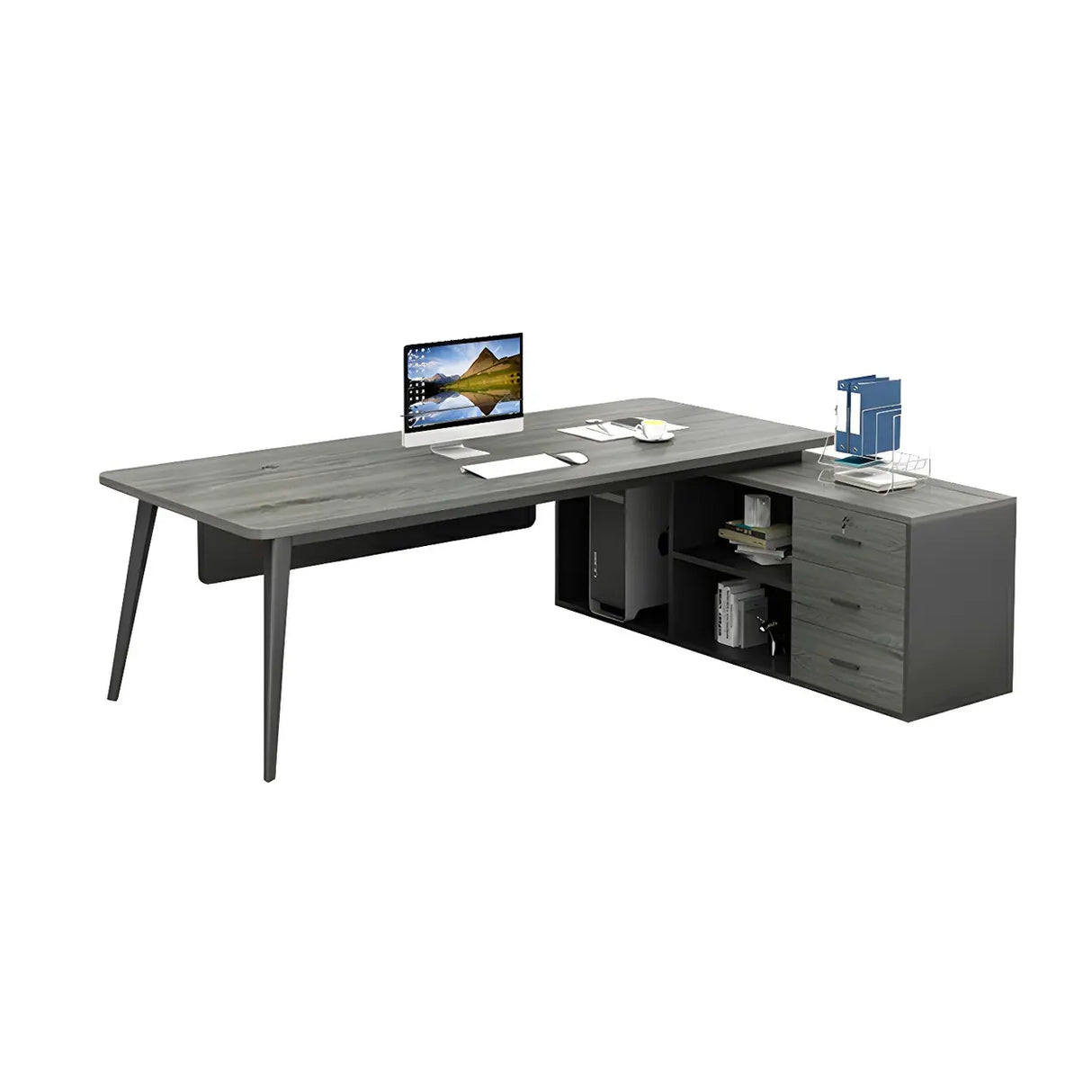 Drawers Storage Shelf Steel Base L-Shape Computer Desk Image - 6