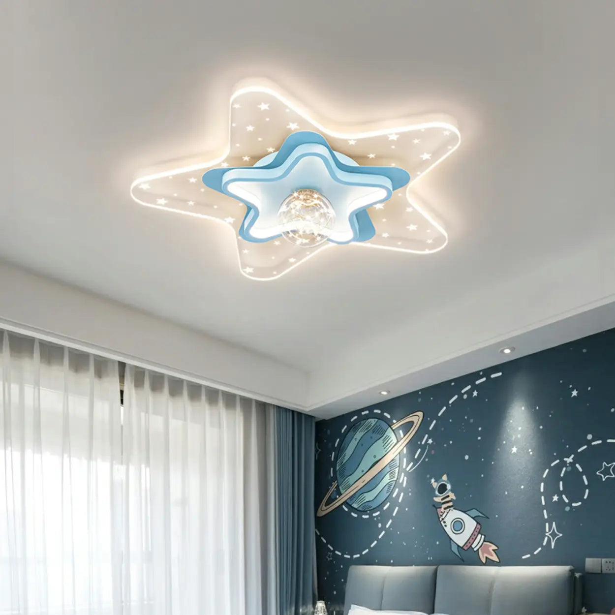 Dreamy Kids Room Blue Star Dimmable Flush Mount Light Image - 1