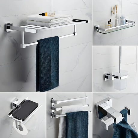 Drill and Screw Mount Square Chrome Bathroom Storage Set Image - 1