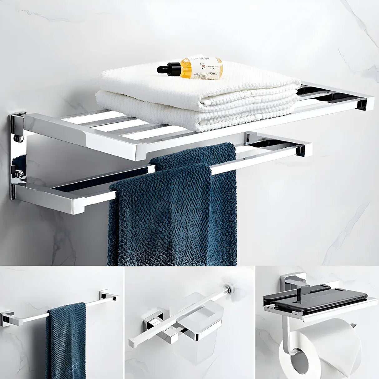 Drill and Screw Mount Square Chrome Bathroom Storage Set Image - 25