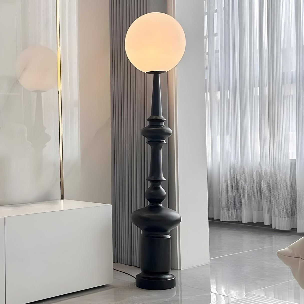 Dual Spheres Contemporary Black Sculptural Floor Lamp Image - 7