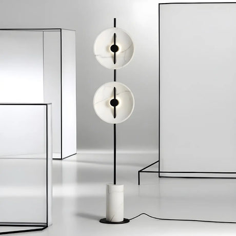 Dual White Marble Disc Modern LED Black Floor Lamp Image - 1