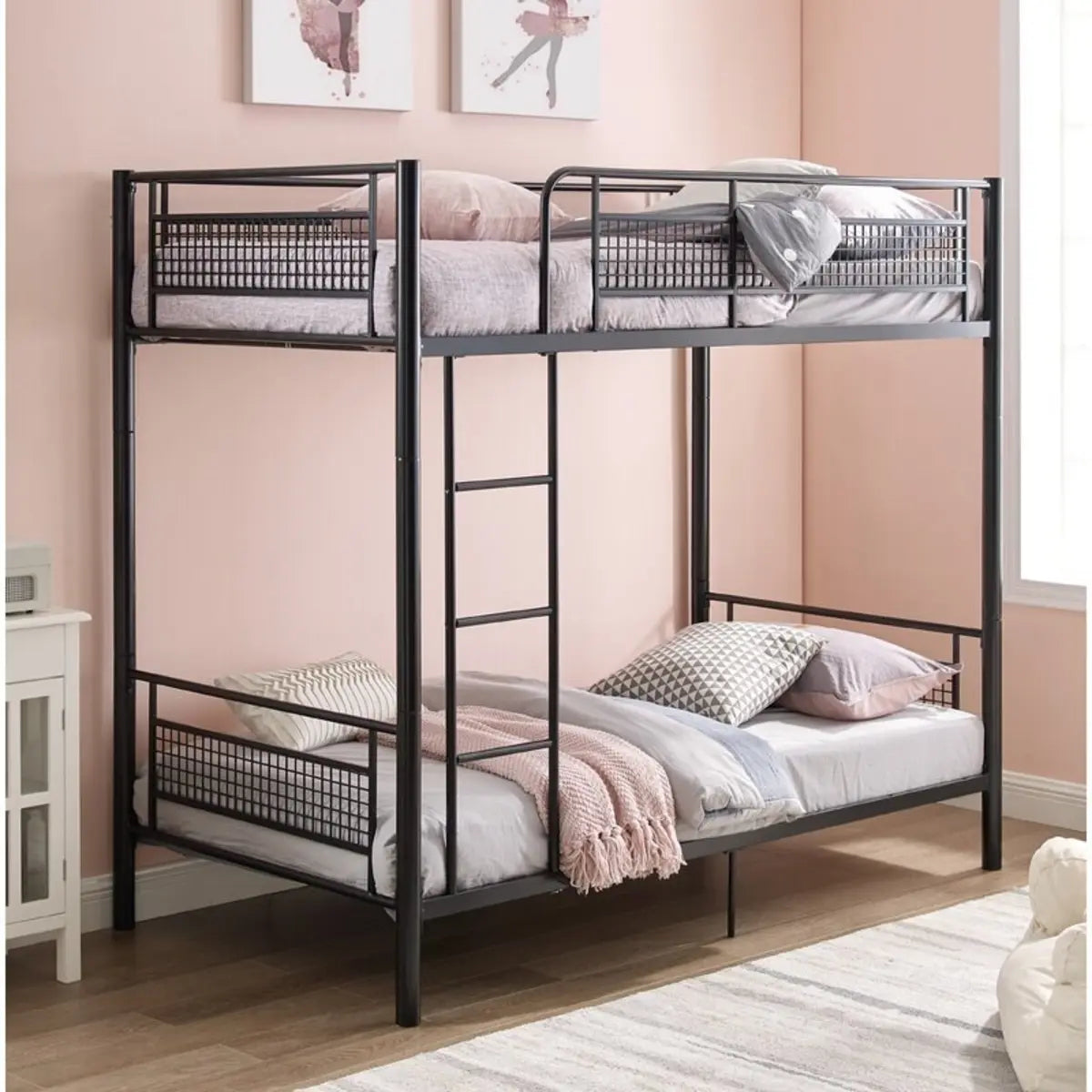 Durable Metal Frame Black Twin Bunk Bed with Guardrail Image - 1