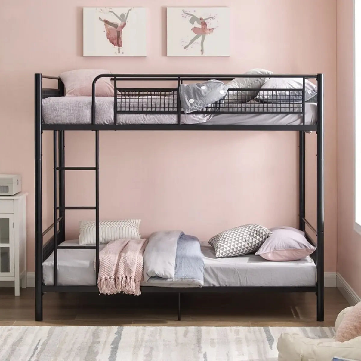 Durable Metal Frame Black Twin Bunk Bed with Guardrail Image - 2