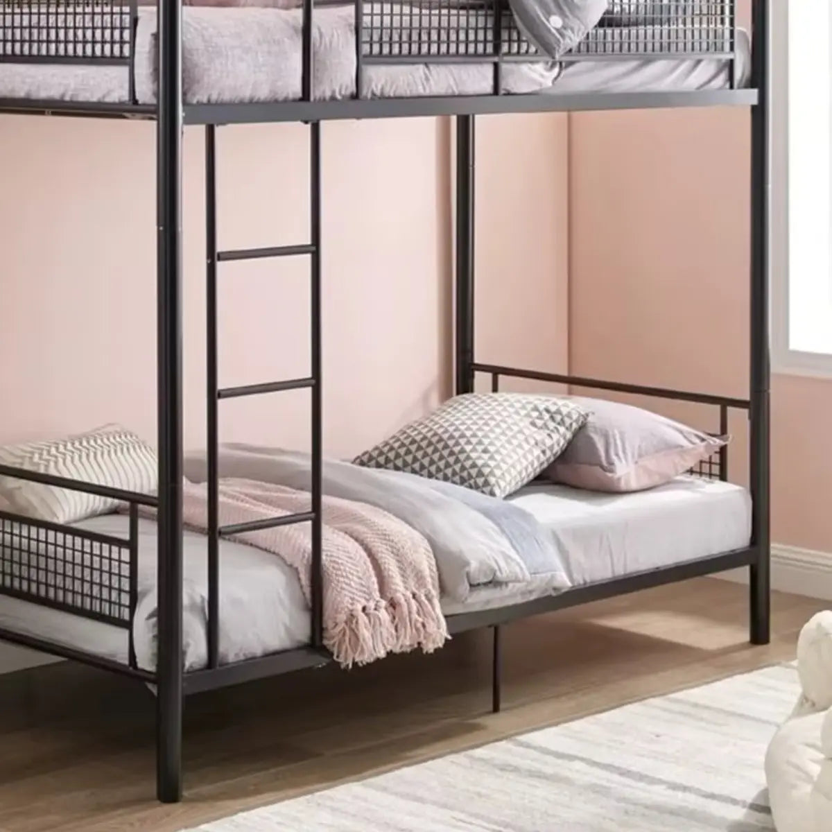 Durable Metal Frame Black Twin Bunk Bed with Guardrail Image - 4